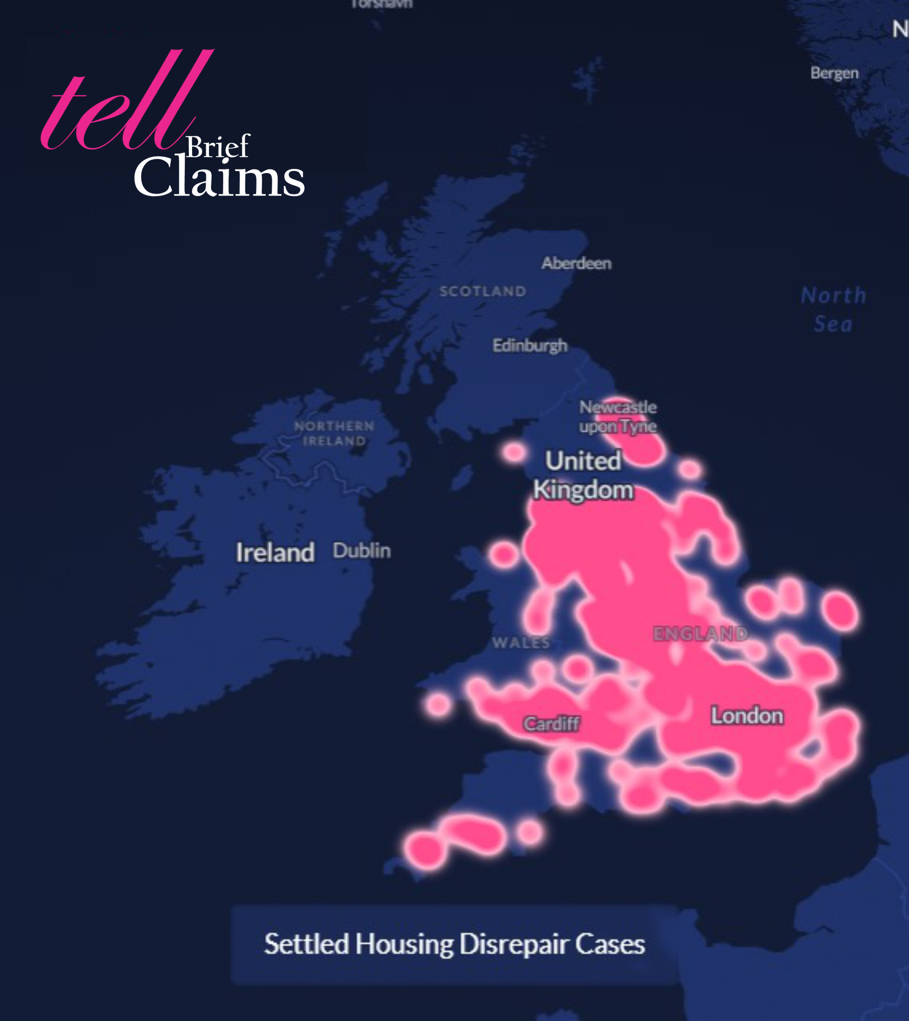 A heatmap showing all of the successful housing disrepair claims in the UK for The Brief Claims.